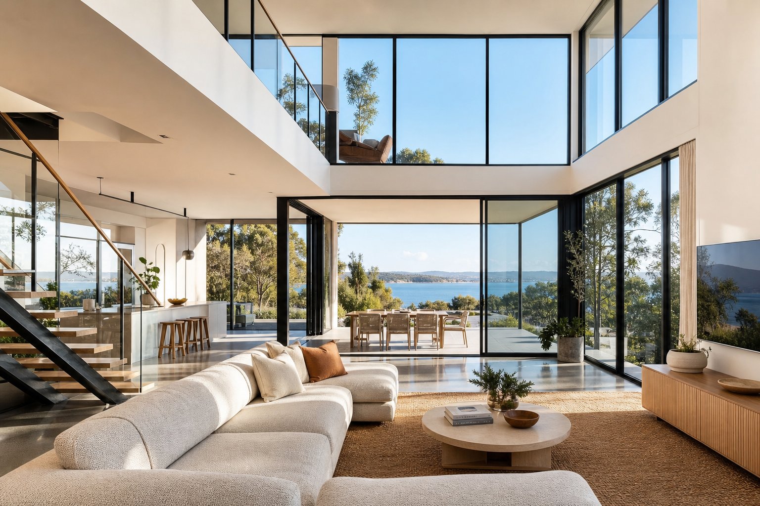 interior view of a modern australian home with slim aluminium framed floor to ceiling windows maximising natural light and coastal views