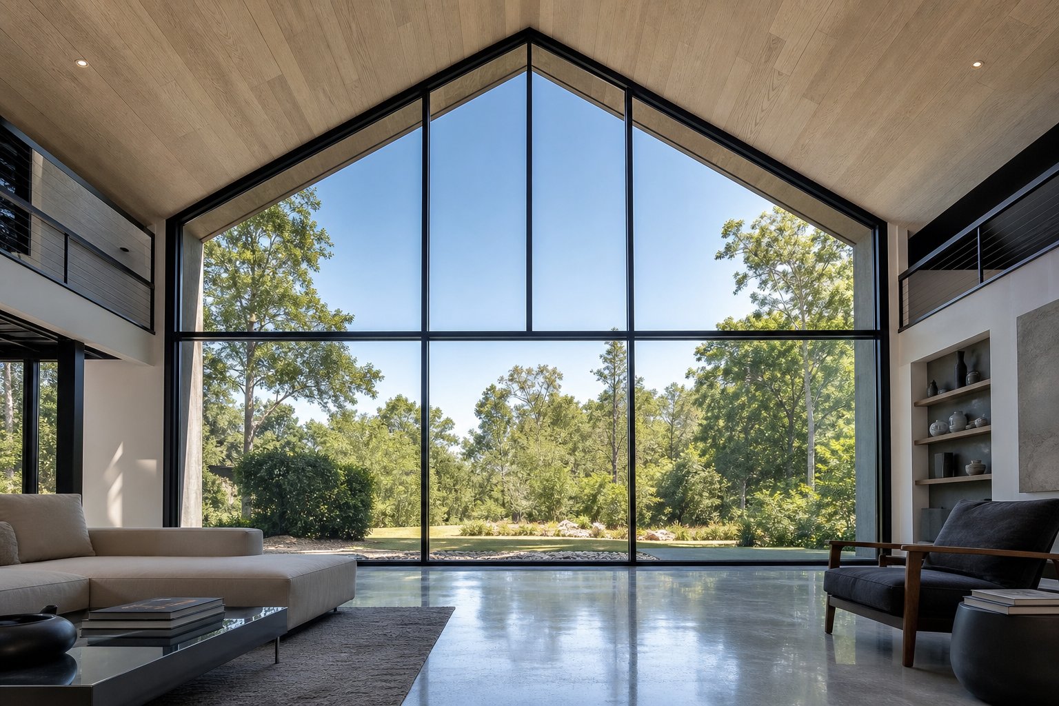 interior view through a large aluminium gable window demonstrating slim sightlines and maximum natural light