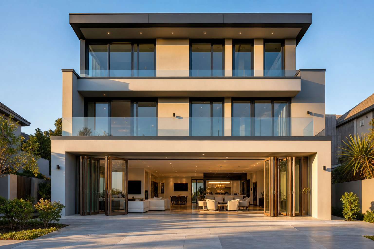 luxury residence featuring aluminium frames in contrasting powder coated finishes across multiple storeys