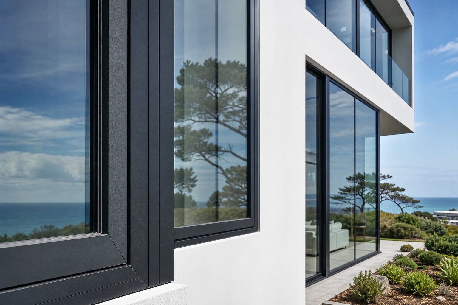 marine grade powder coated aluminium frames in matte charcoal finish suited to coastal exposure