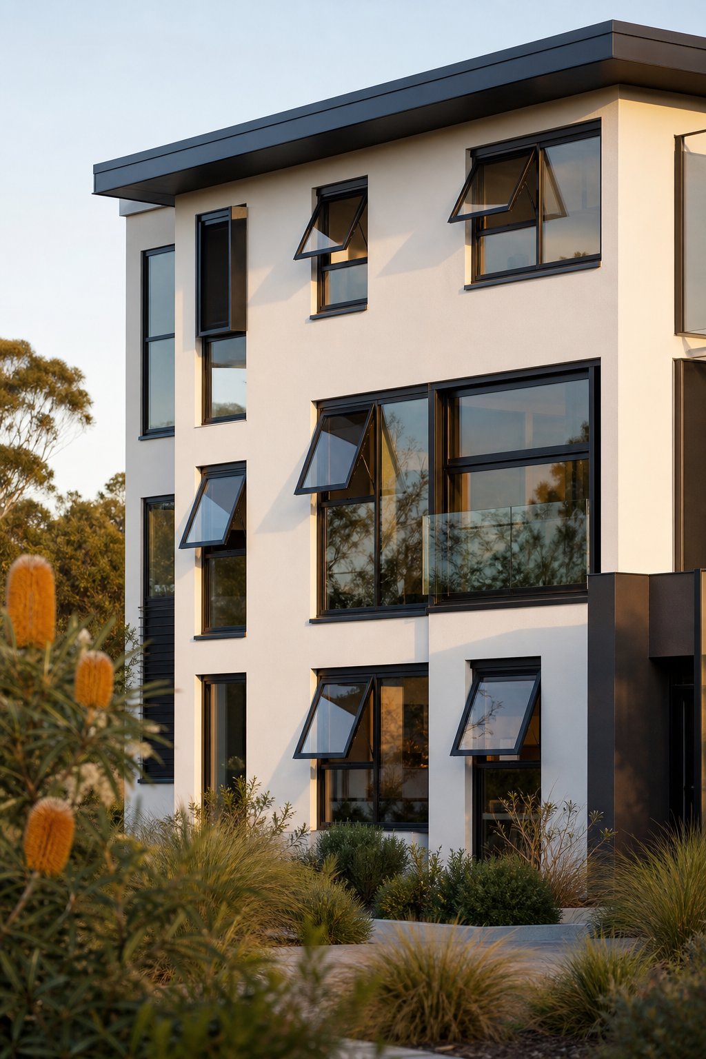 matt black aluminium frames create bold contrast against light renders one of sydney's most popular contemporary window colour choices