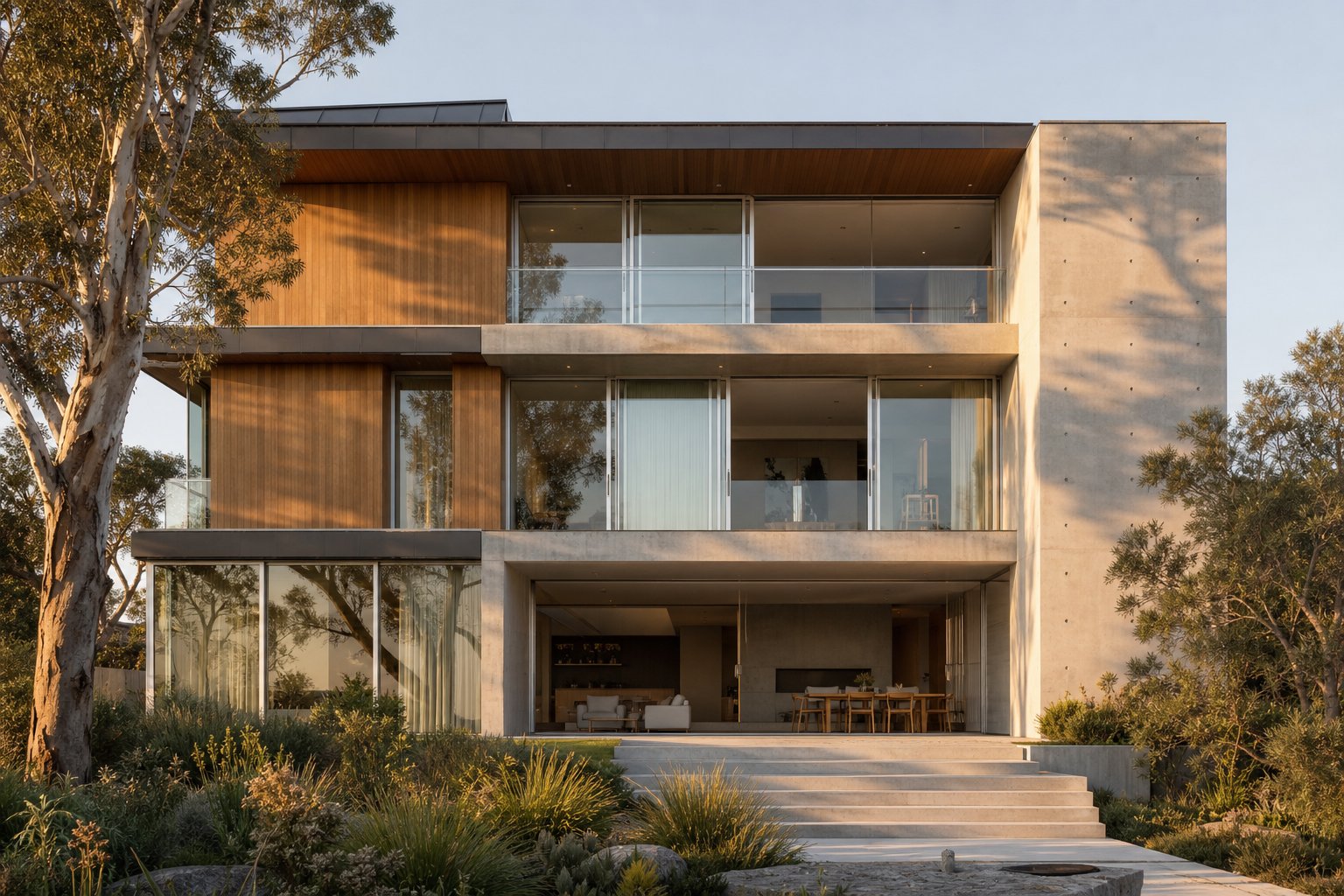 minimalist home pairing brushed aluminium window frames with timber cladding and concrete for a cohesive material palette