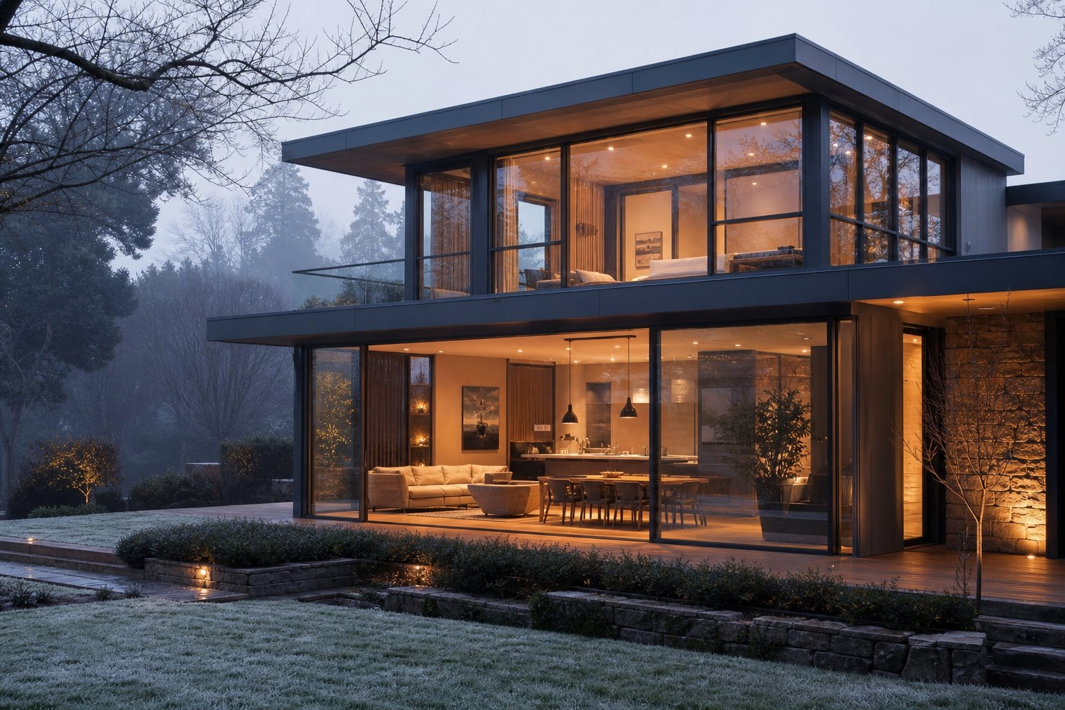 modern grey aluminium windows with thermal break technology maintaining a warm condensation free interior on a cool morning