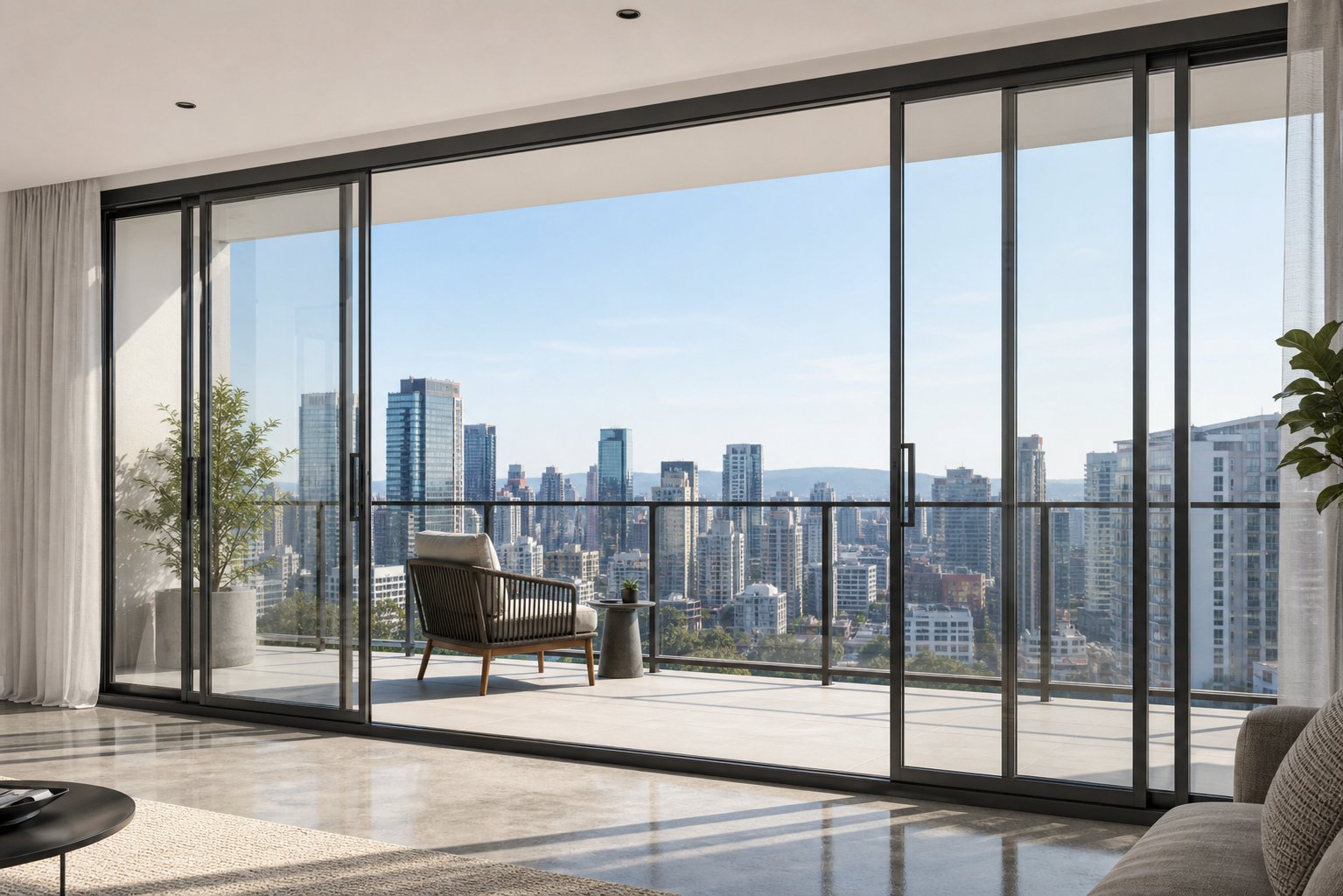 multi panel aluminium sliding windows configured for a high rise balcony with panoramic views