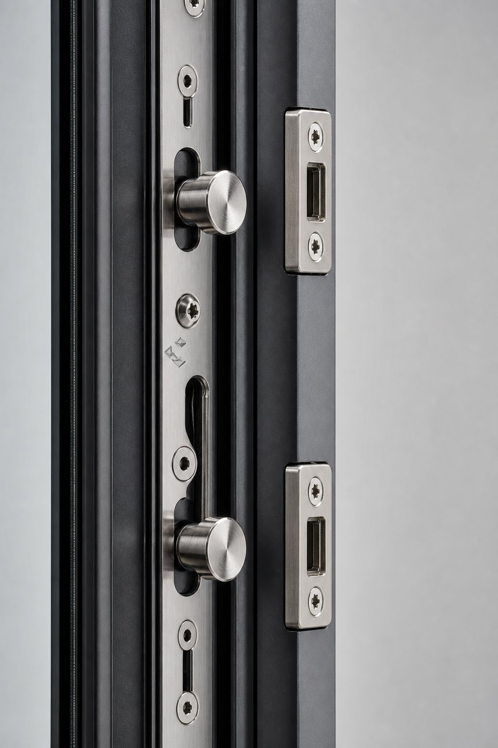 multi point locking hardware with mushroom head cams engaged in a reinforced aluminium security window frame