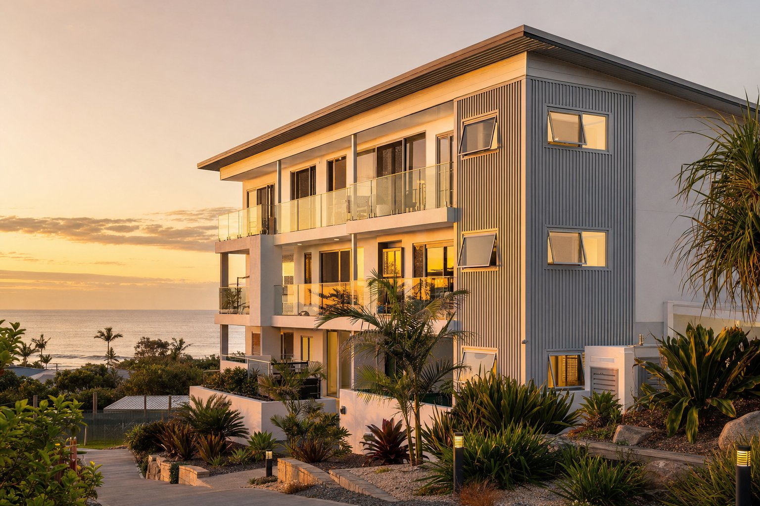 multi storey australian coastal development showcasing various fire rated aluminium window configurations across the facade