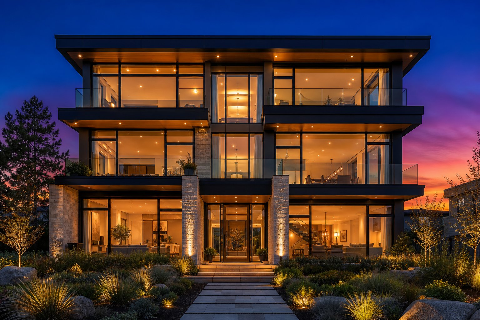 multi storey contemporary home featuring a complete aluminium window system with varied window types unified by consistent slim profile framing