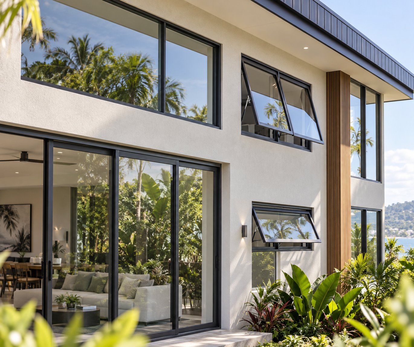 multiple aluminium window types including sliding awning and fixed panels working together on a modern queensland home facade