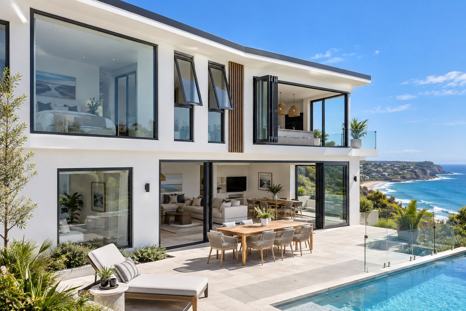 multiple anthracite grey aluminium window styles including fixed panes casements and bi fold configurations on a modern home