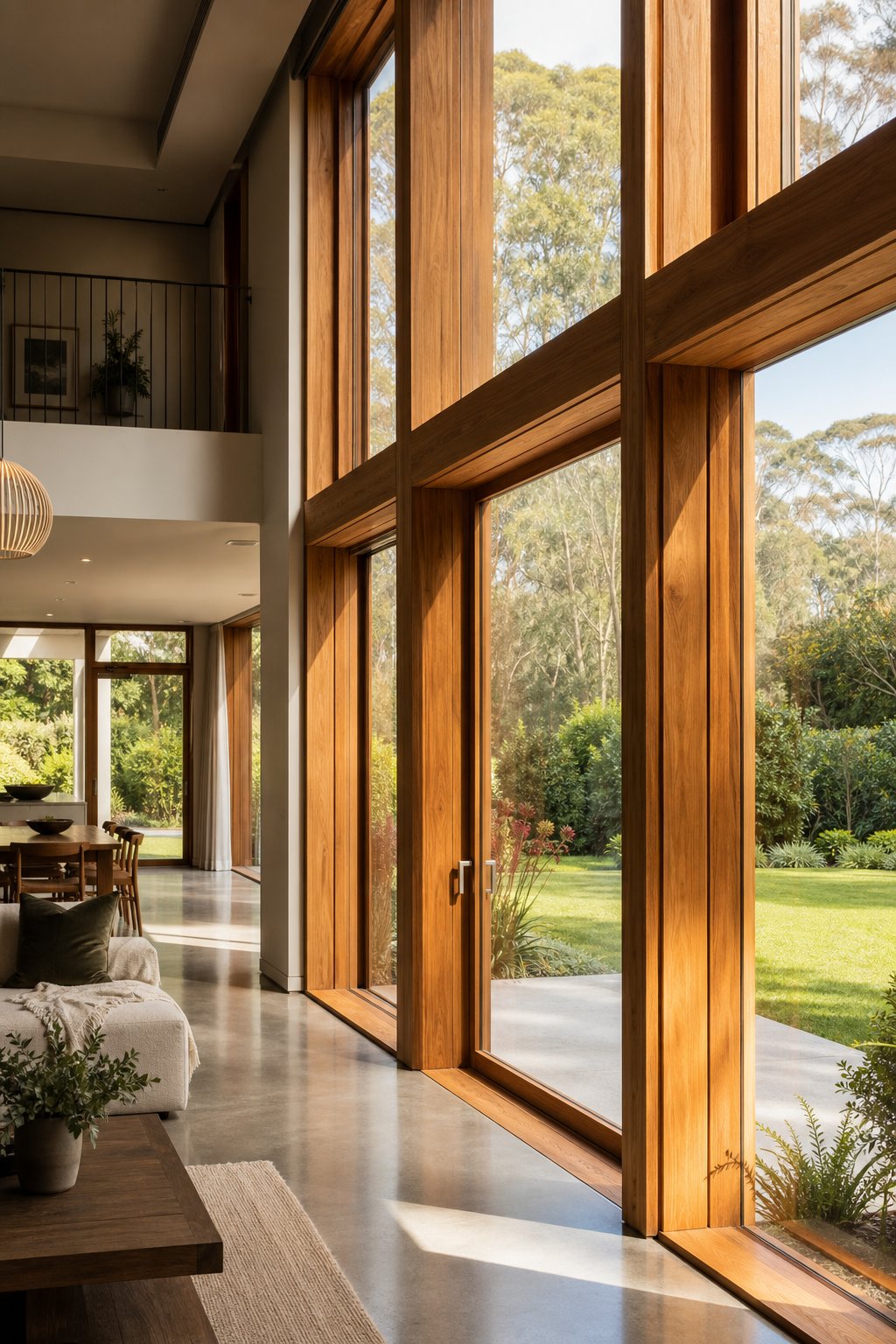 natural oak timber interior finish on composite window frames complementing a contemporary australian home interior