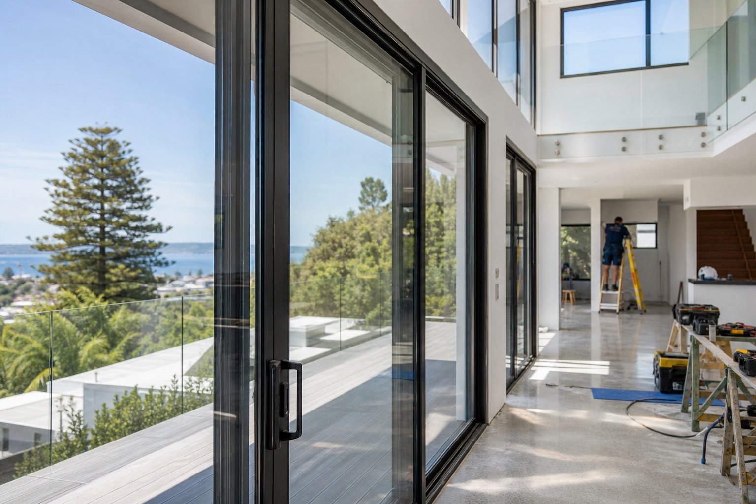 newly installed aluminium windows and sliding doors during a professional residential installation project