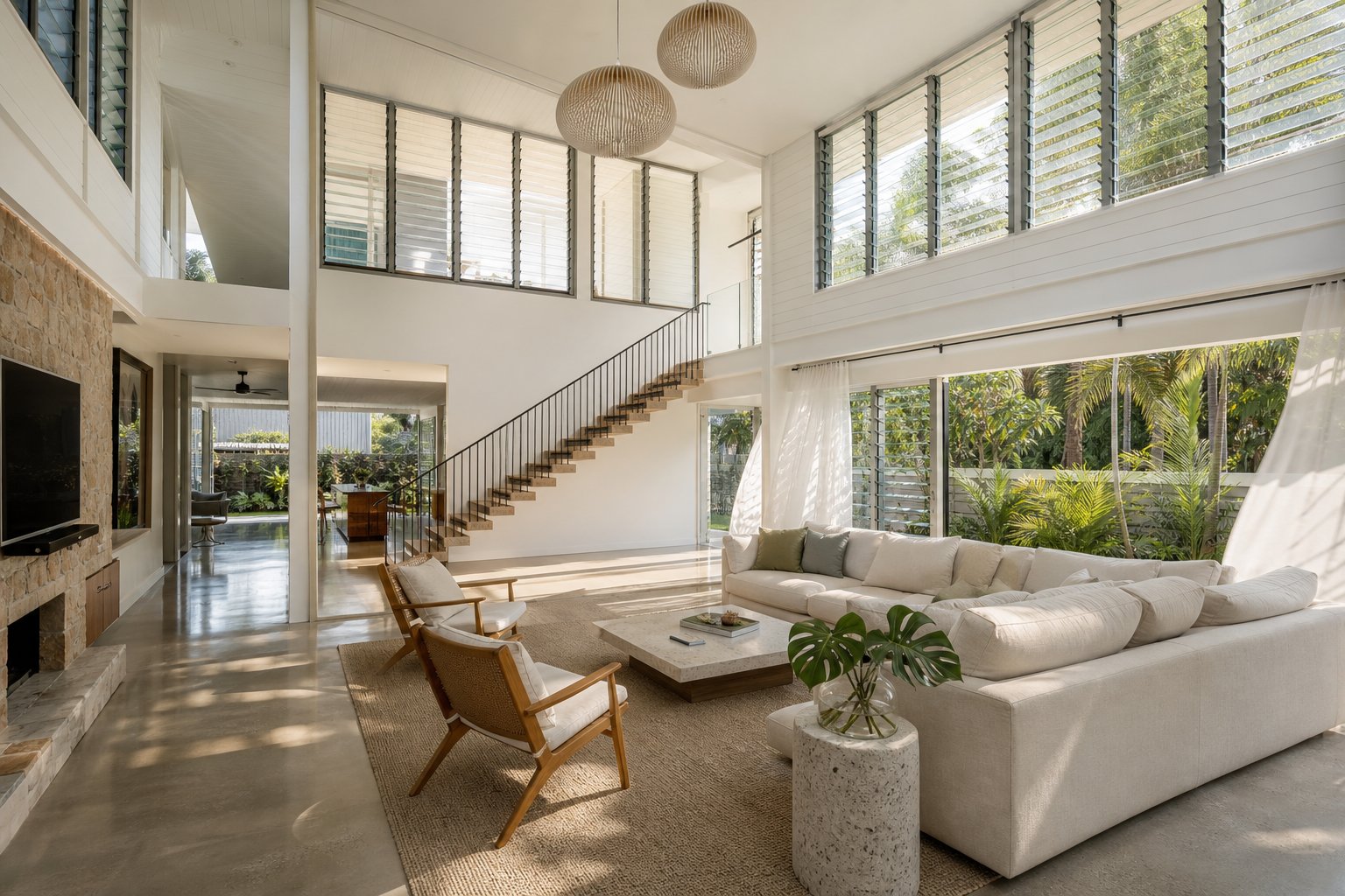 open aluminium louvre blades directing natural airflow through a contemporary living space for passive cooling