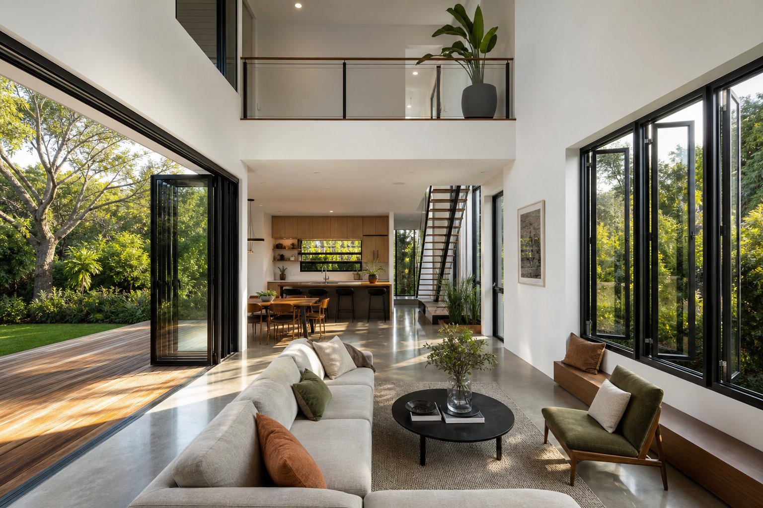open plan living space combining bi fold and casement aluminium windows for maximum light and ventilation