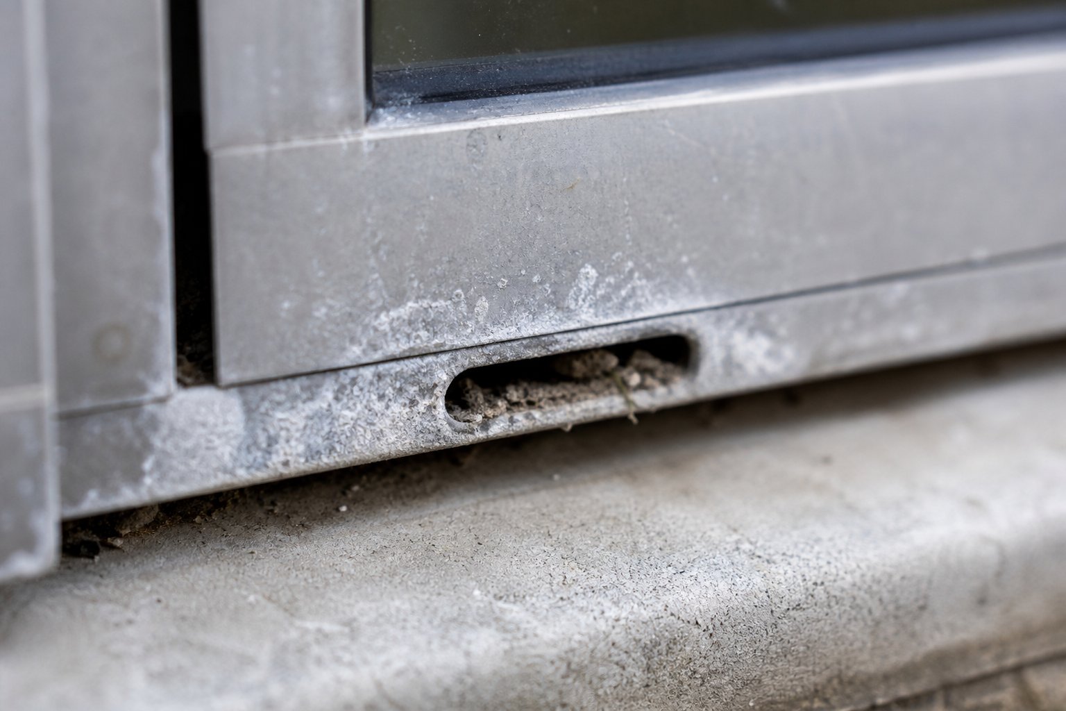 oxidation buildup and debris accumulation around an aluminium window weep hole %E2%80%94 common signs that drainage maintenance is overdue