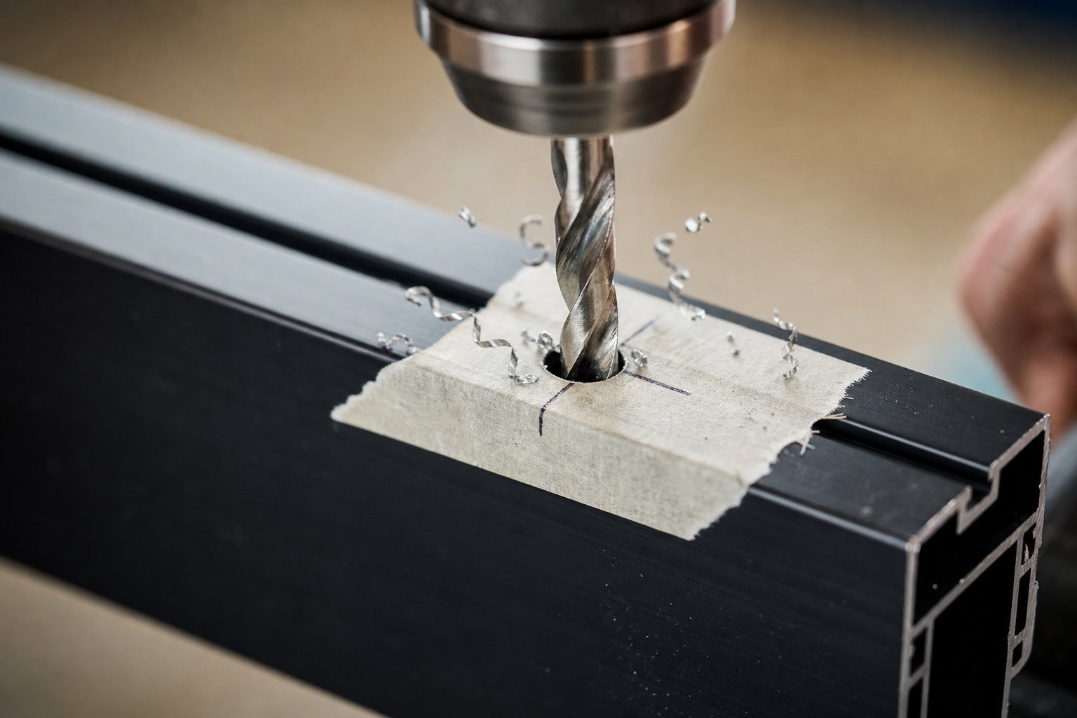 peck drilling through an aluminium frame with masking tape protection producing clean swarf curls that must be cleared between passes