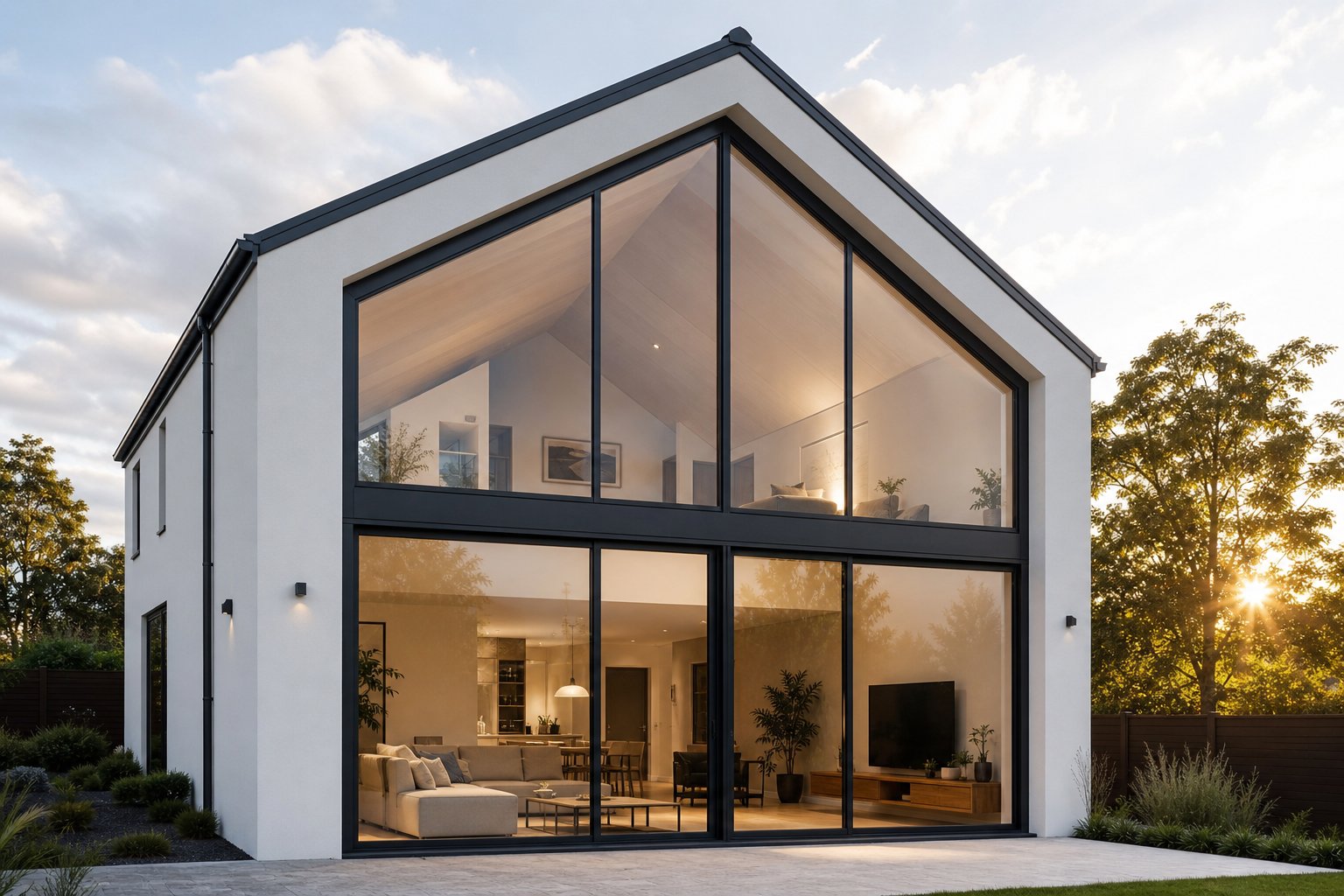 pentagonal aluminium gable window combining rectangular and triangular sections for maximum light coverage