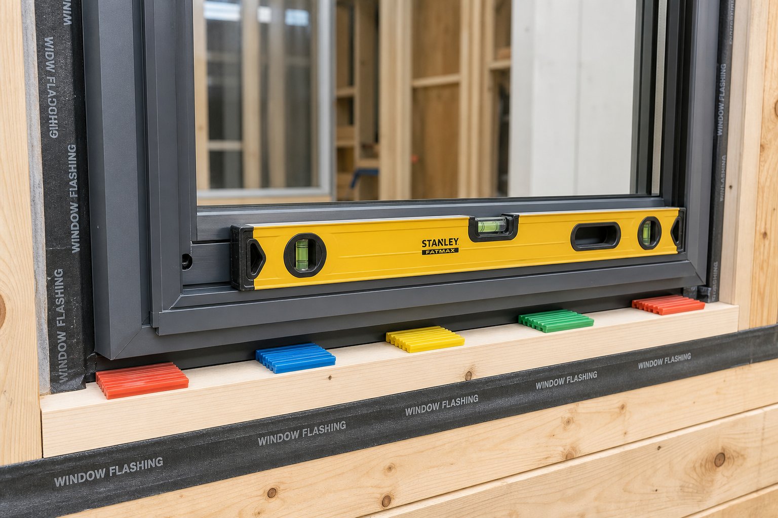plastic packers positioned along the sill to level an aluminium window frame within a timber opening