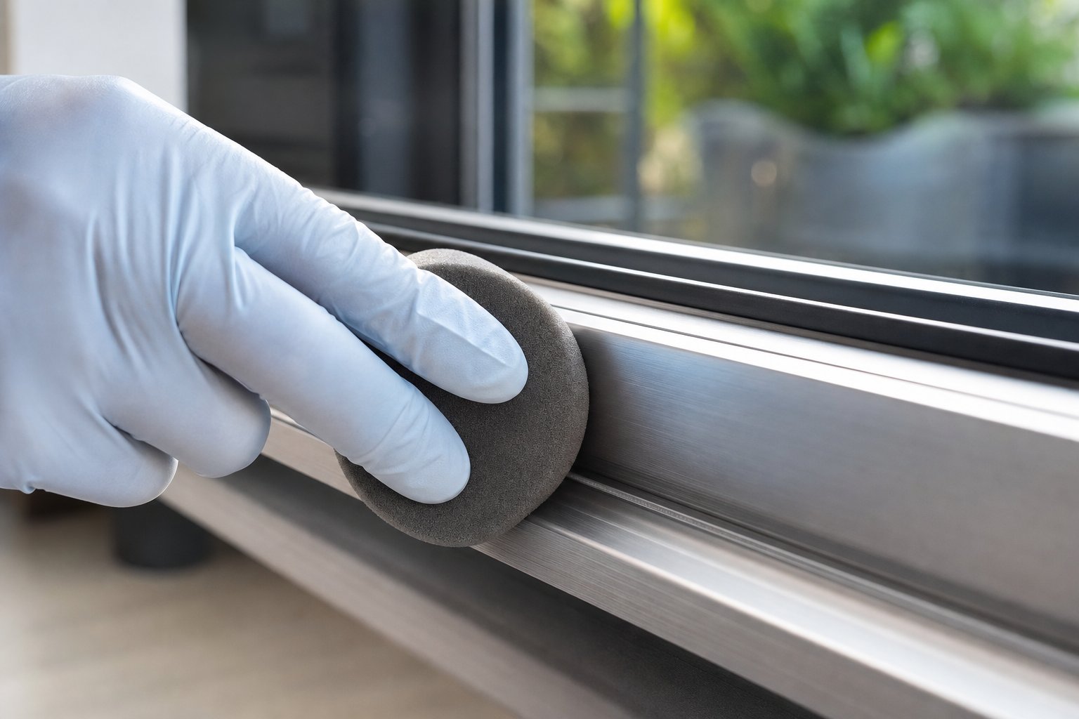 polishing aluminium window frames in straight lines along the grain prevents visible swirl marks