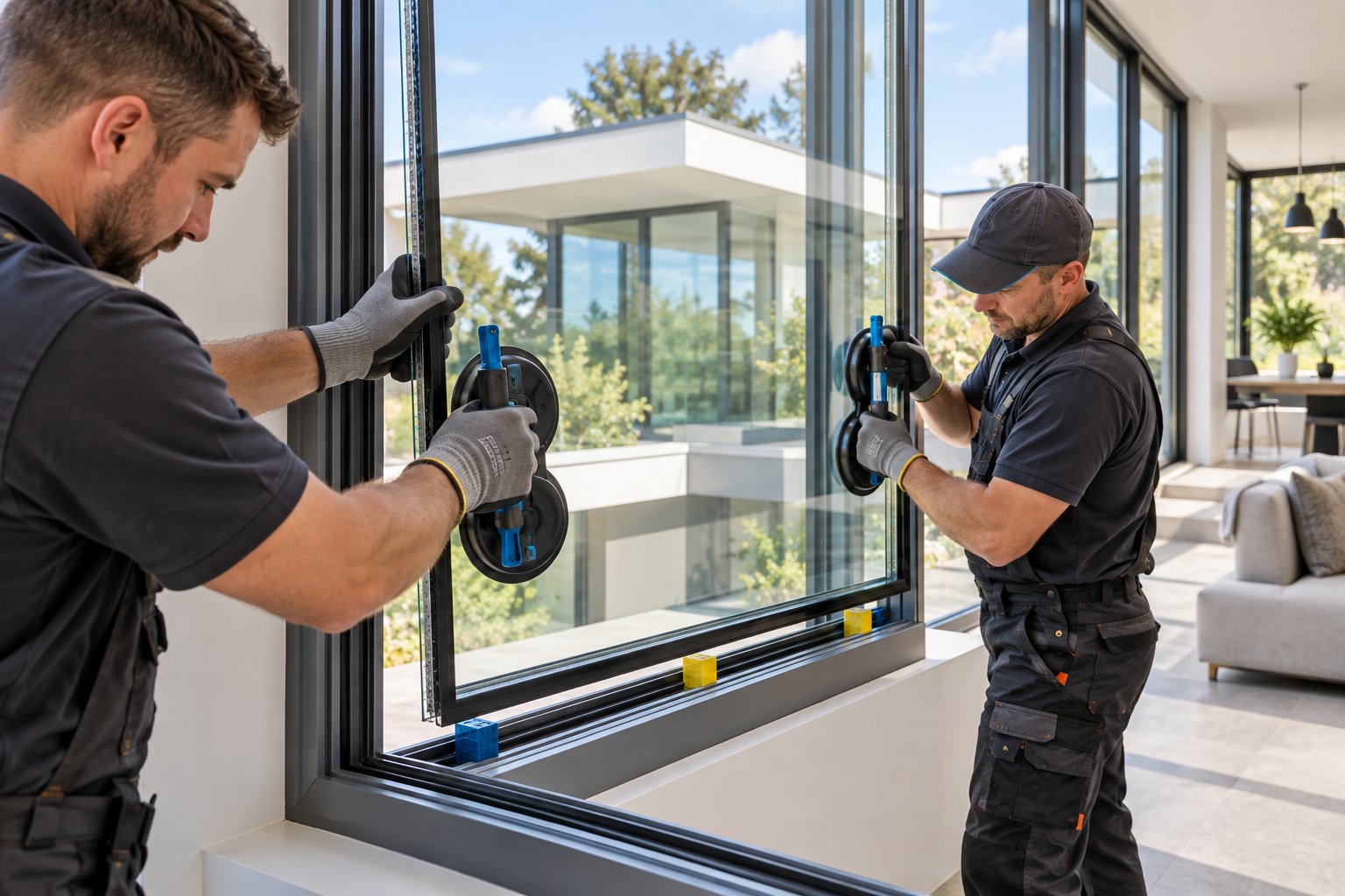 positioning a double glazed unit onto setting blocks within a prepared aluminium frame rebate before beading installation