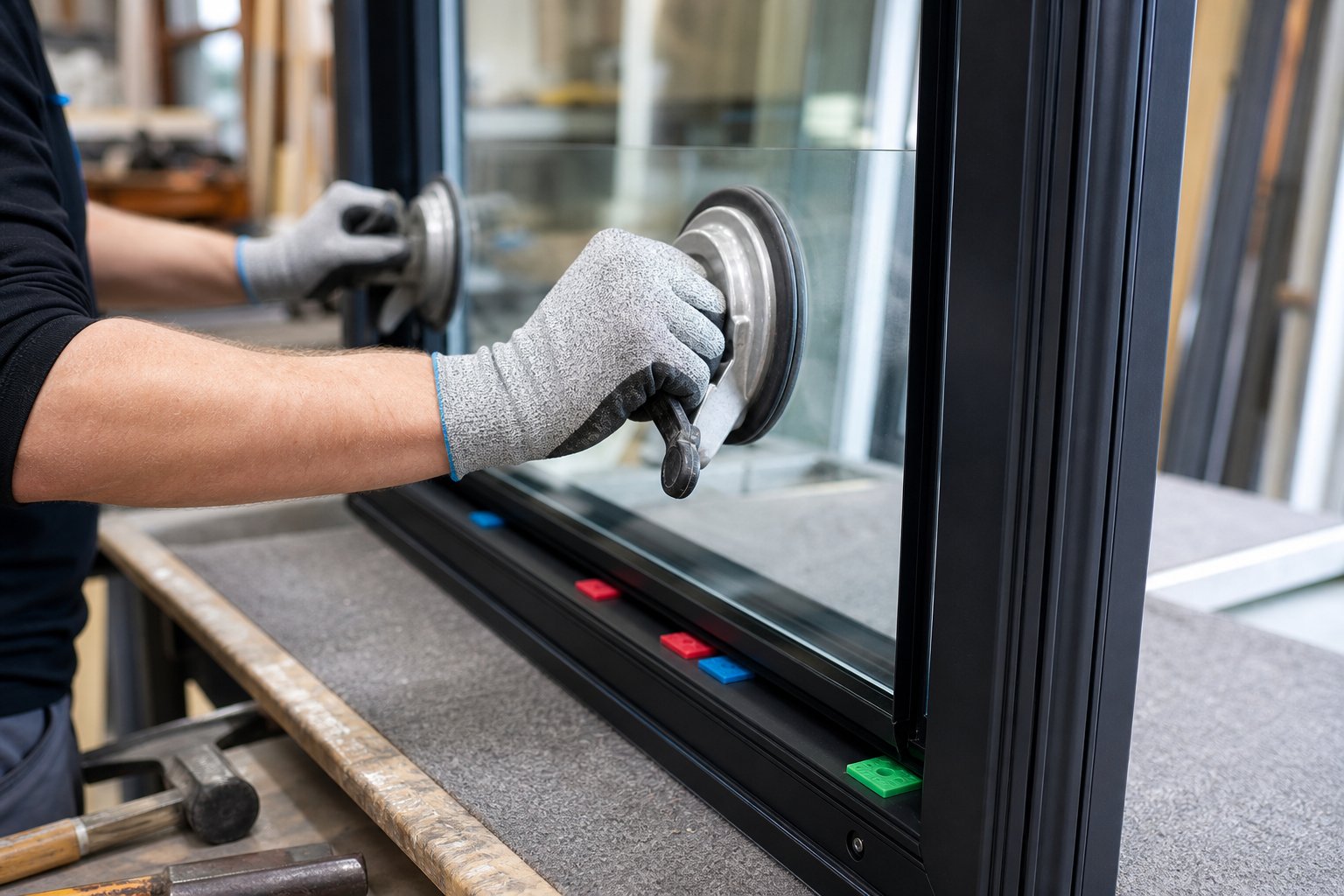 positioning a sealed glass unit onto glazing packers within an aluminium window frame using suction cups