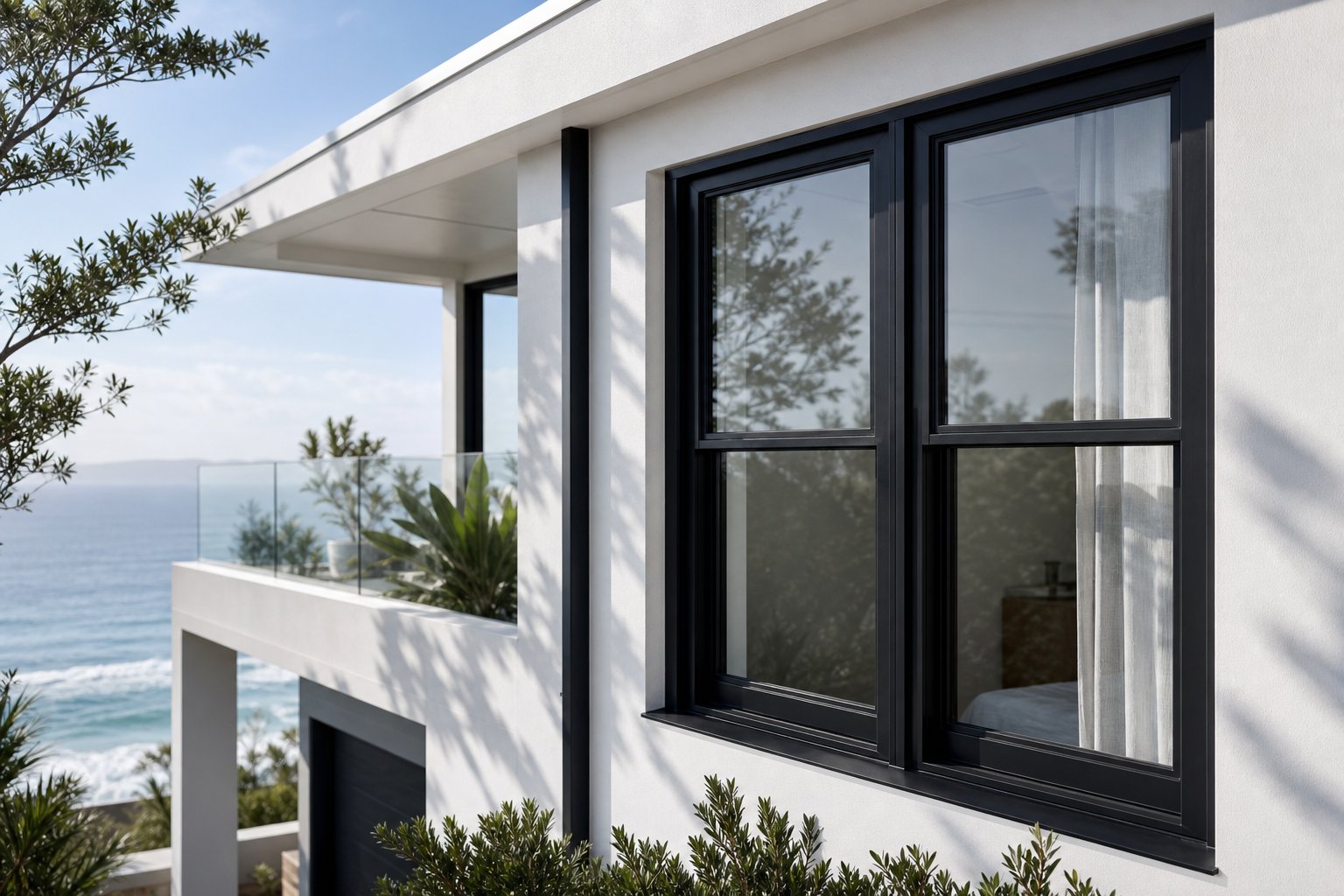 powder coated aluminium sash windows on a coastal australian home demonstrating long term durability against salt air exposure