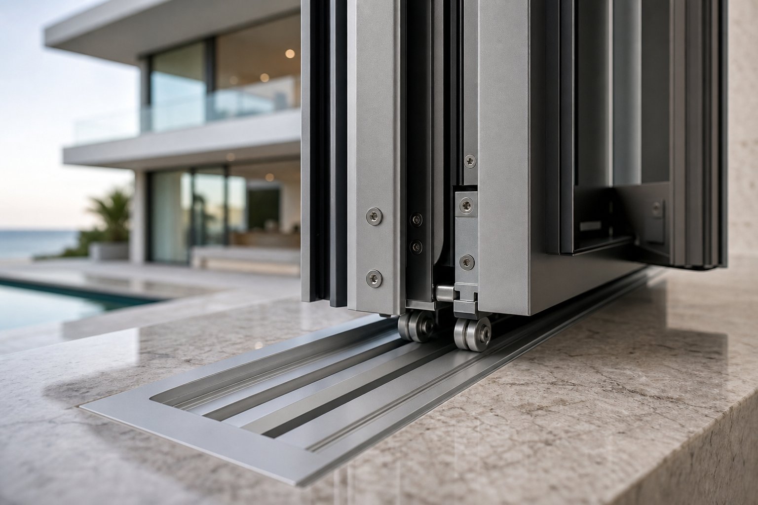 precision aluminium track and roller system that enables smooth daily operation of bifold servery window panels