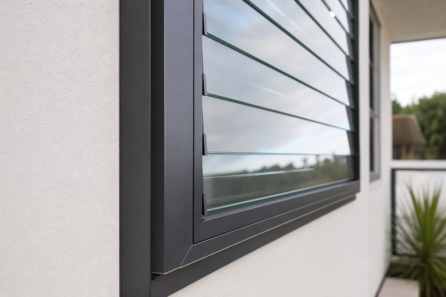 precision installed aluminium louvre window frame showing clean blade alignment and quality powder coat finish