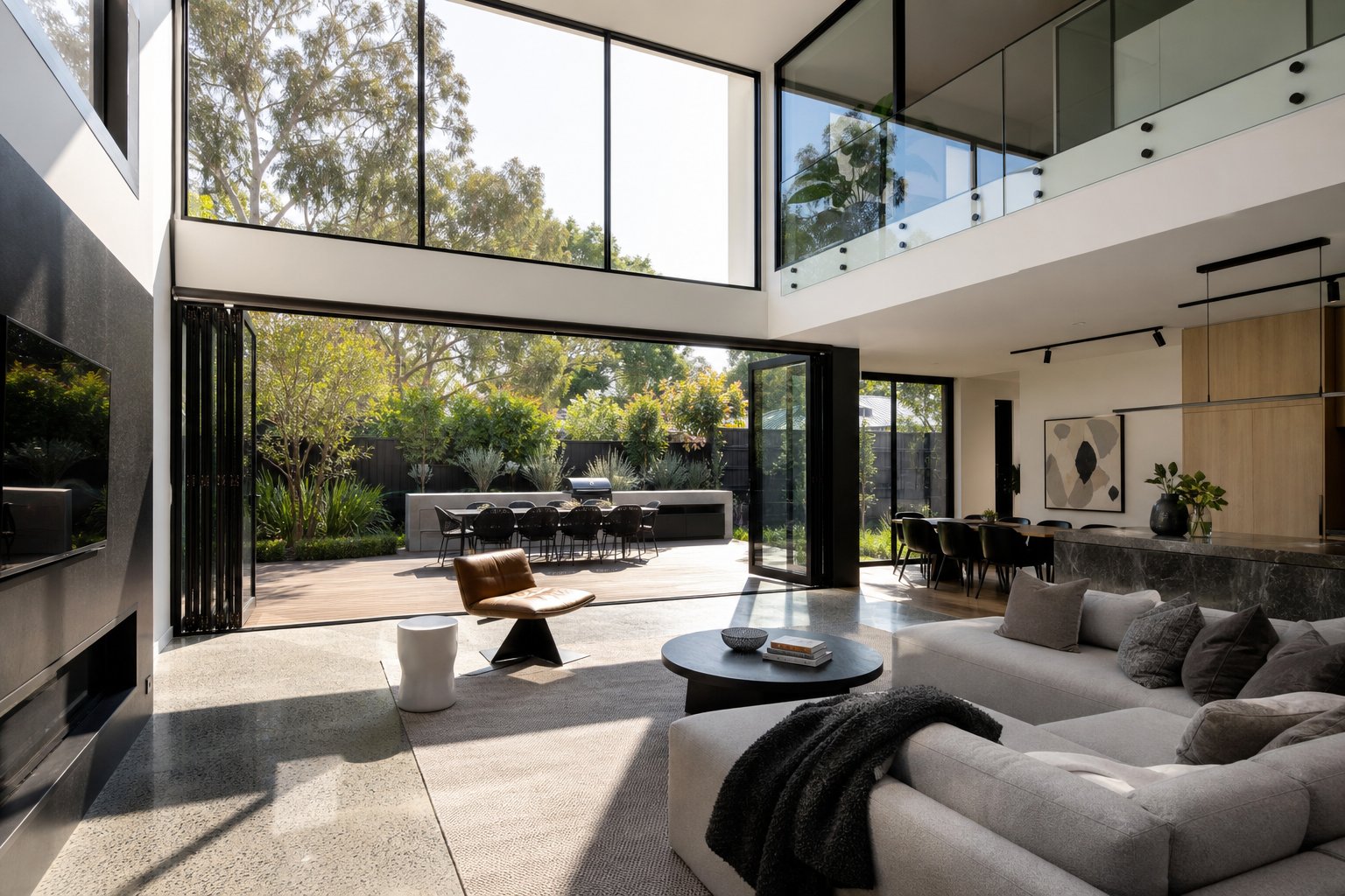premium aluminium bi fold window system fully opened in a contemporary melbourne home demonstrating quality craftsmanship and design flexibility