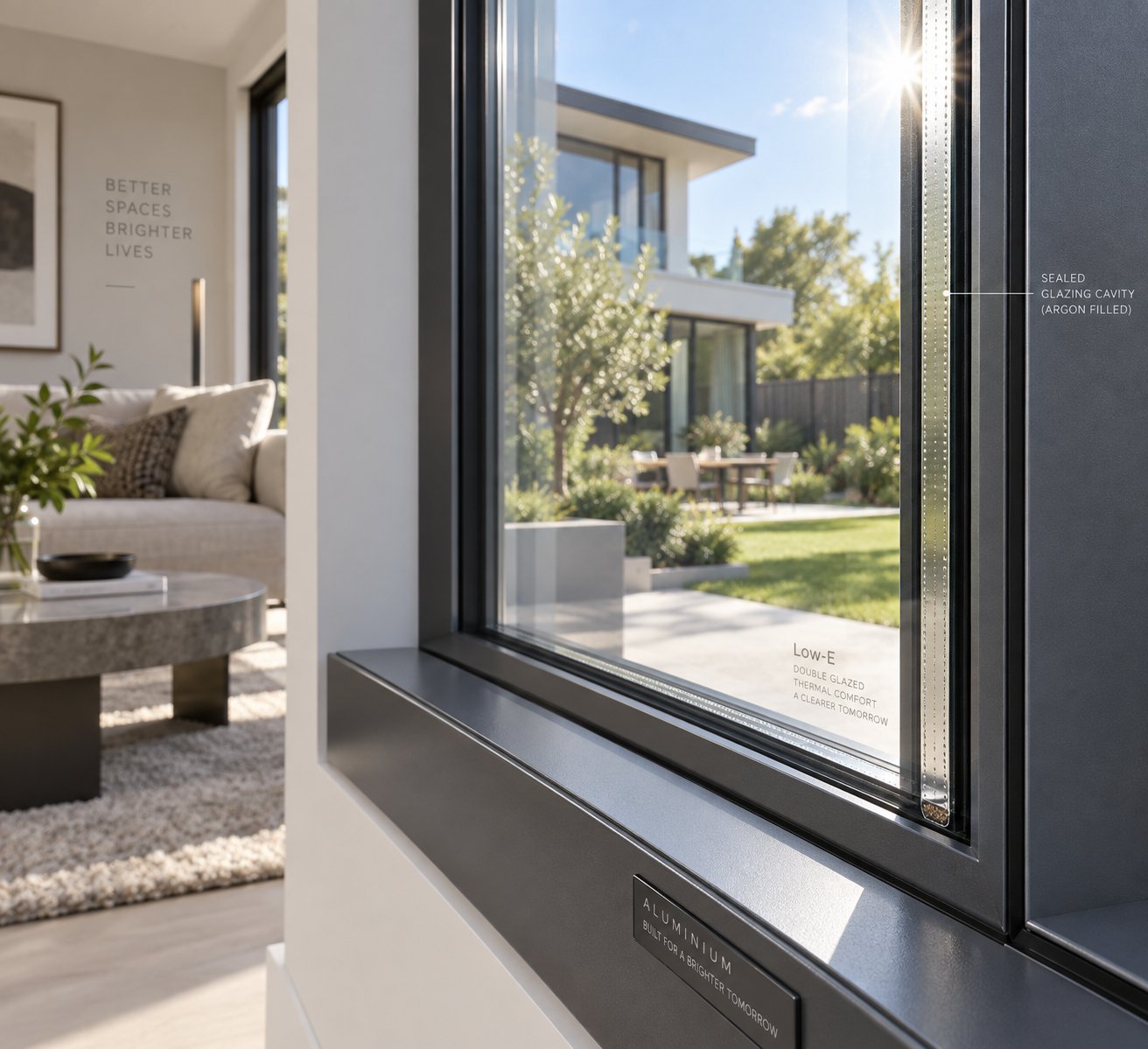 premium double glazed aluminium window unit showing sealed glazing cavity and sleek frame profile
