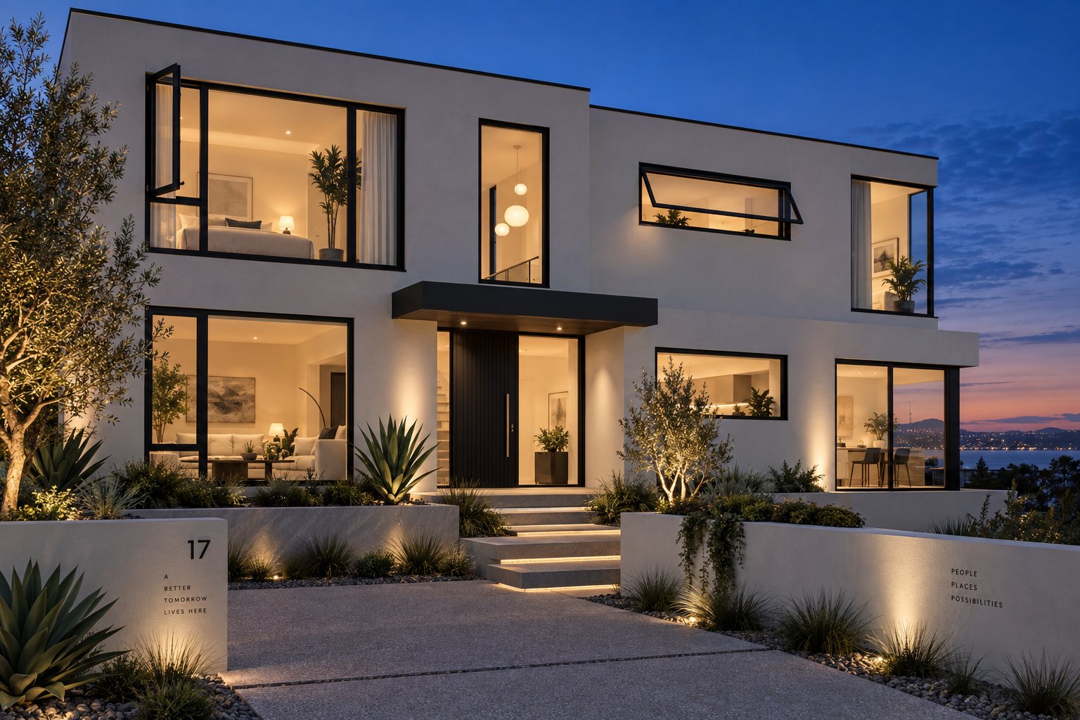 premium matte black powder coated aluminium windows on a contemporary australian home at dusk