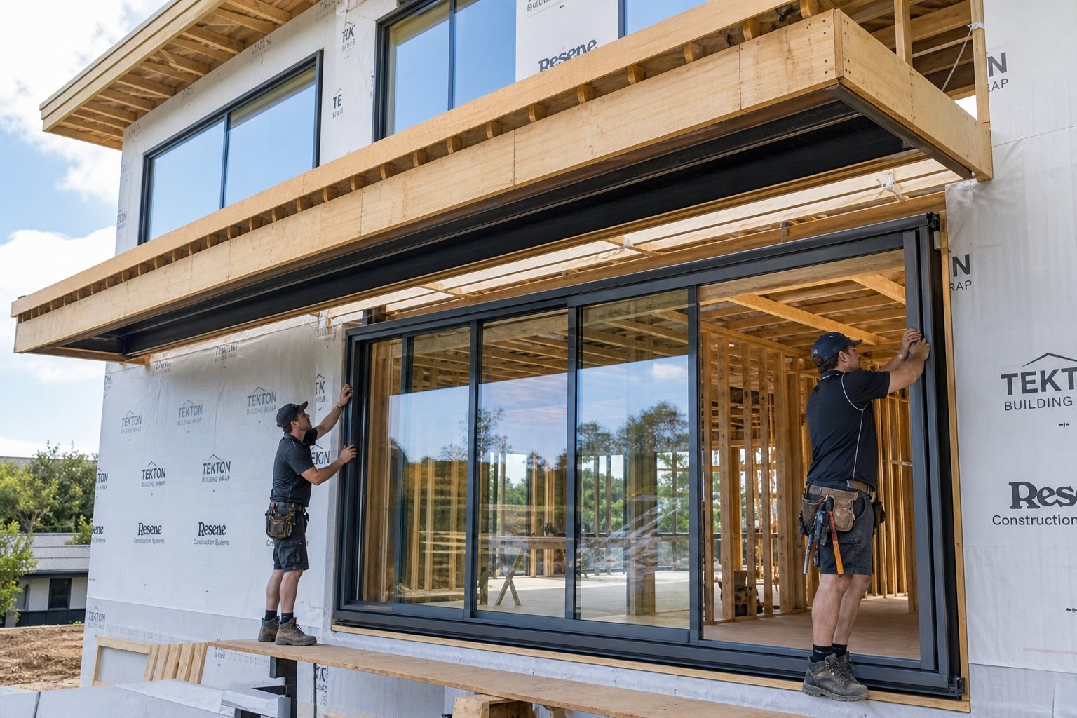 professional installation of an aluminium sliding window frame into a new build structural opening