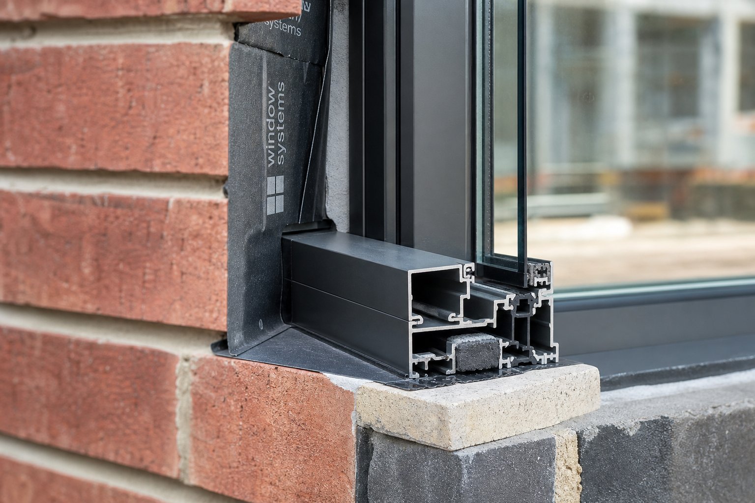professional installation of an aluminium window frame showing precision fitting and weatherproofing components