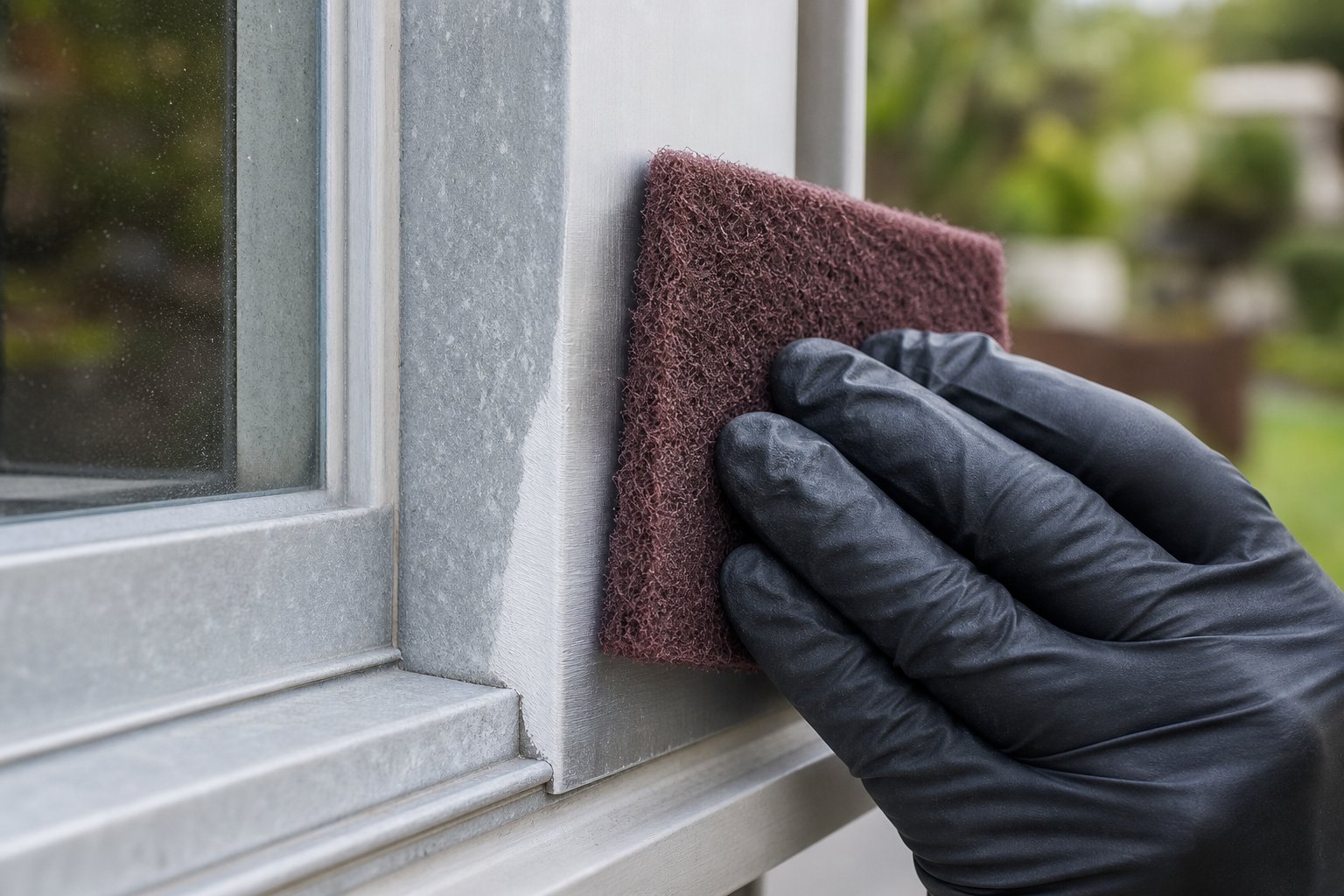 removing oxidation from aluminium window frames reveals the clean metal surface beneath