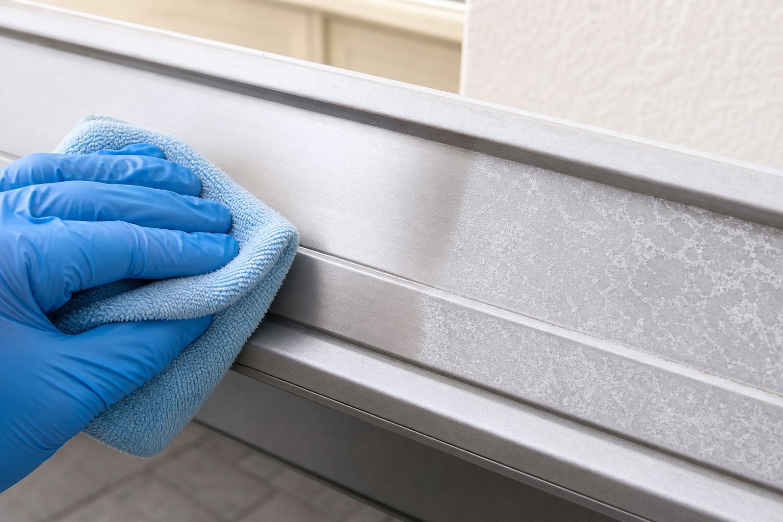 removing white oxidation from an aluminium door frame reveals the restored finish underneath