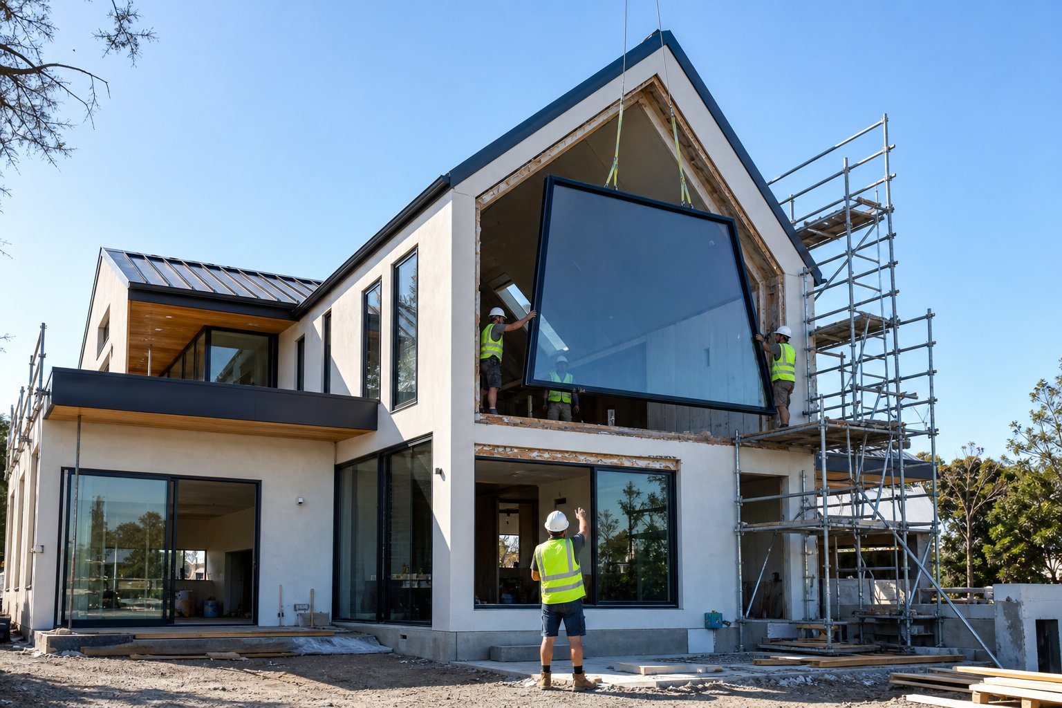 scaffolding and precise positioning required during aluminium gable window installation on a two storey home