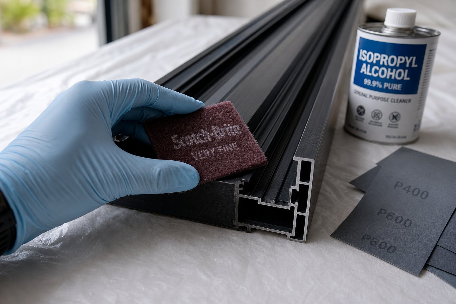 scuffing powder coated aluminium with a scotch brite pad to create micro abrasions for paint adhesion