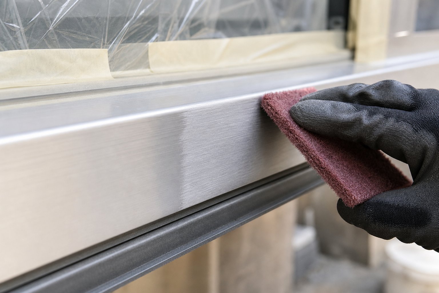 scuffing the aluminium surface with an abrasive pad creates the mechanical key that primer needs for a lasting bond