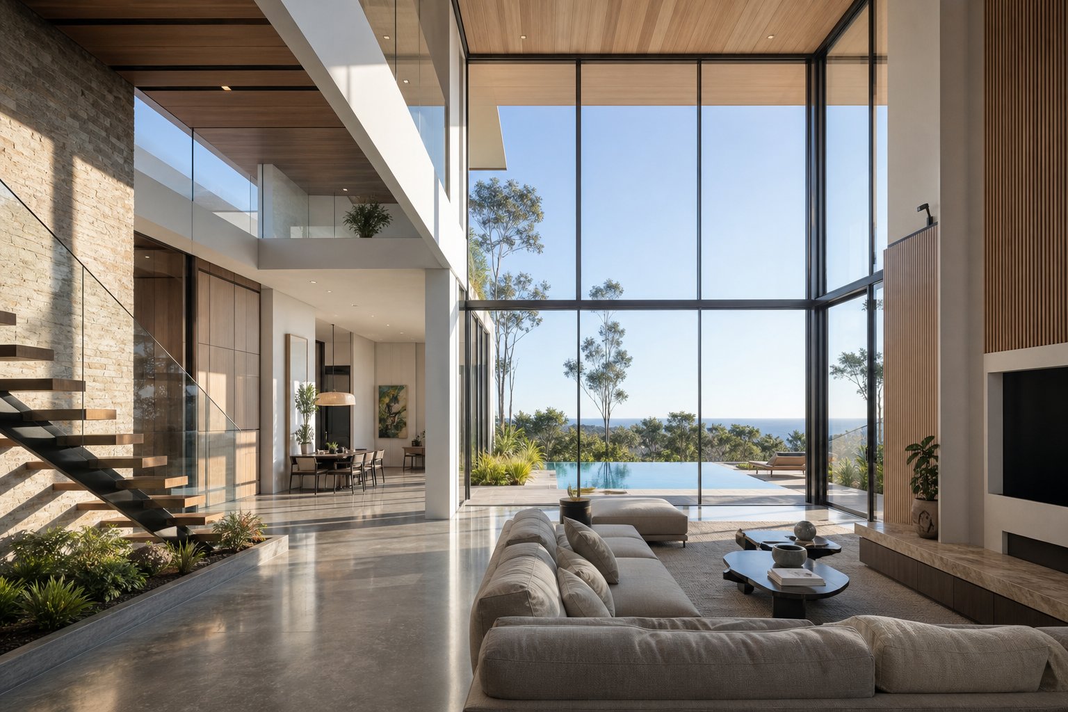 slim aluminium sightlines maximise glass area and dissolve the boundary between living space and landscape