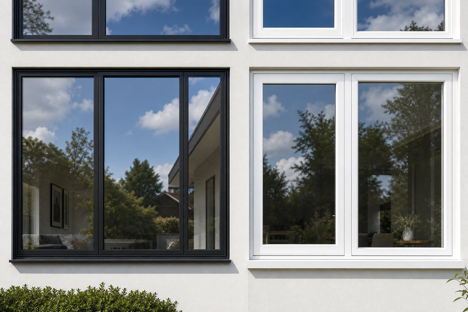 slim aluminium window frames compared against bulkier alternative frame materials on a contemporary facade