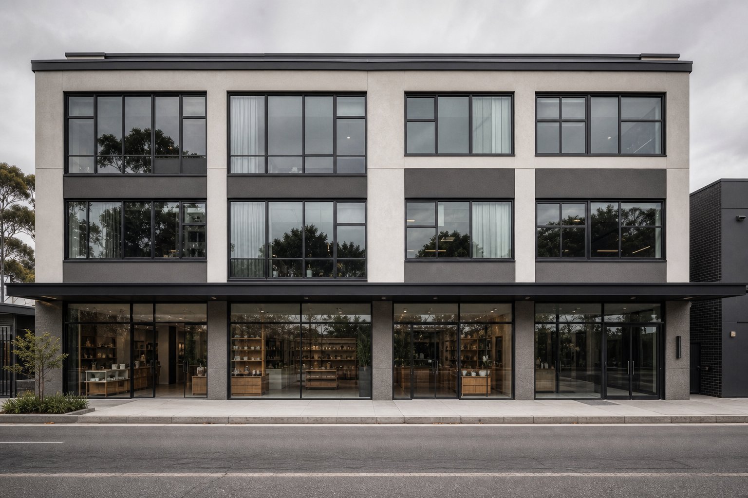 slim profile aluminium framing on a mixed use commercial facade demonstrating large spans and design versatility