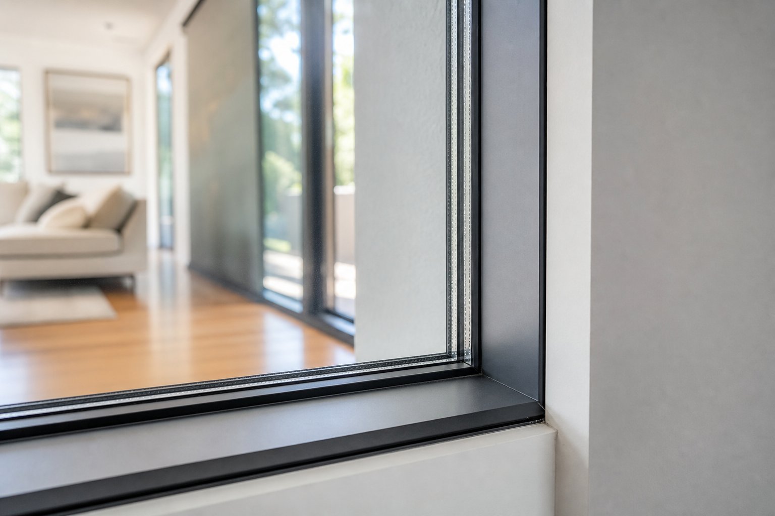 slim profile aluminium window frame detail showcasing high performance double glazing in a modern australian home interior