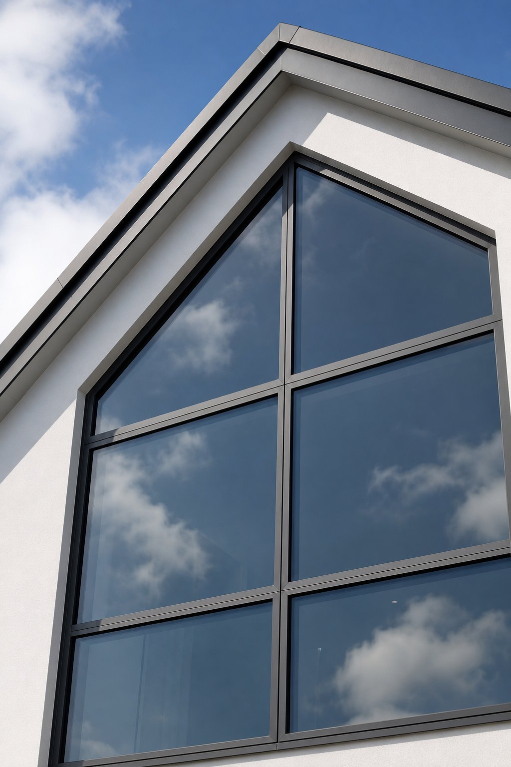 solar control glazing on a triangular aluminium gable window reducing heat gain while maintaining clear views