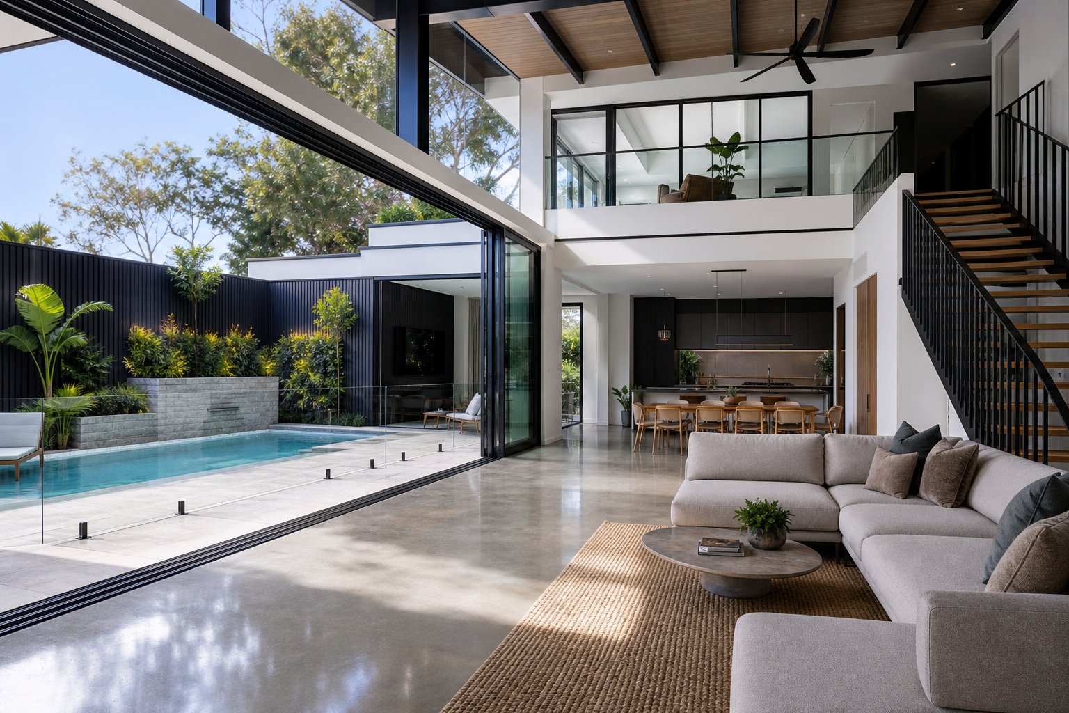 stacker sliding window configuration fully retracted to create seamless indoor outdoor flow in a modern living area
