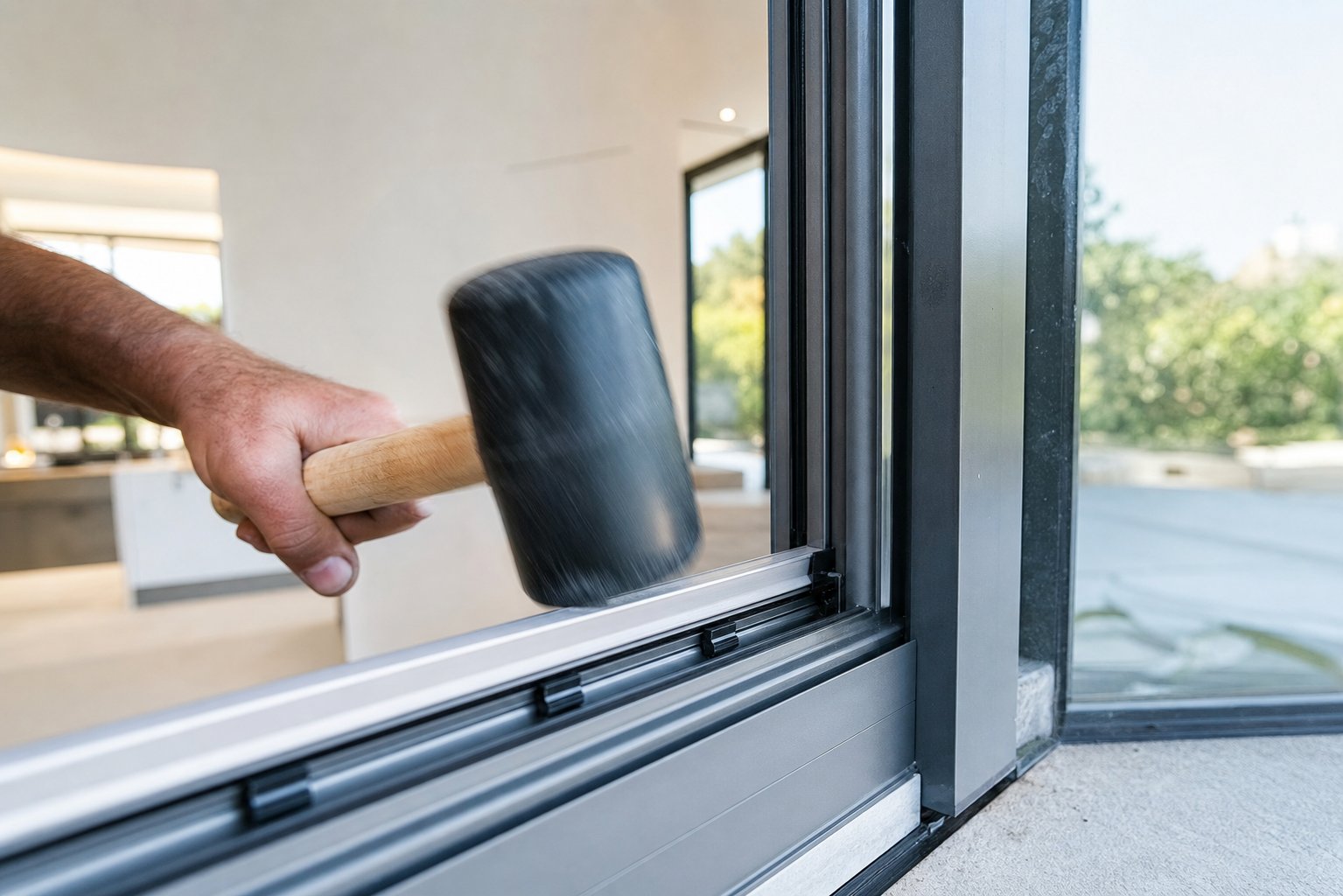 tapping an aluminium glazing bead into the snap in channel with a rubber mallet for even clip engagement
