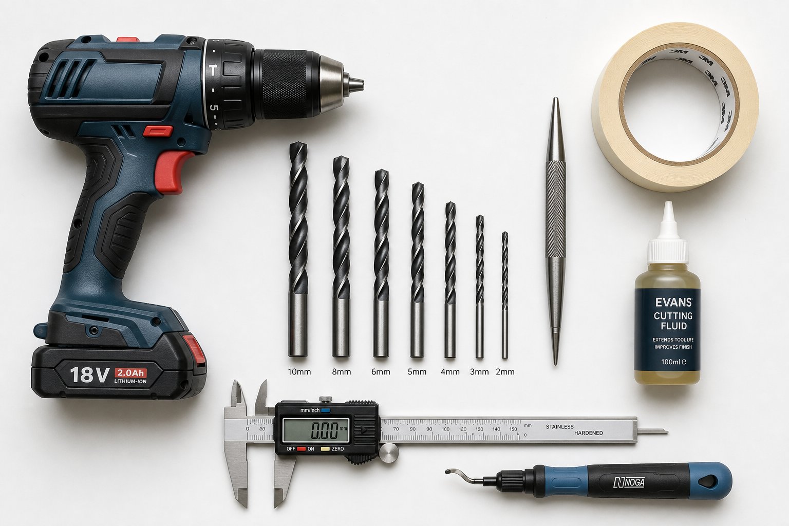 the essential toolkit for drilling aluminium frames hss split point bits centre punch cutting fluid masking tape and a variable speed drill