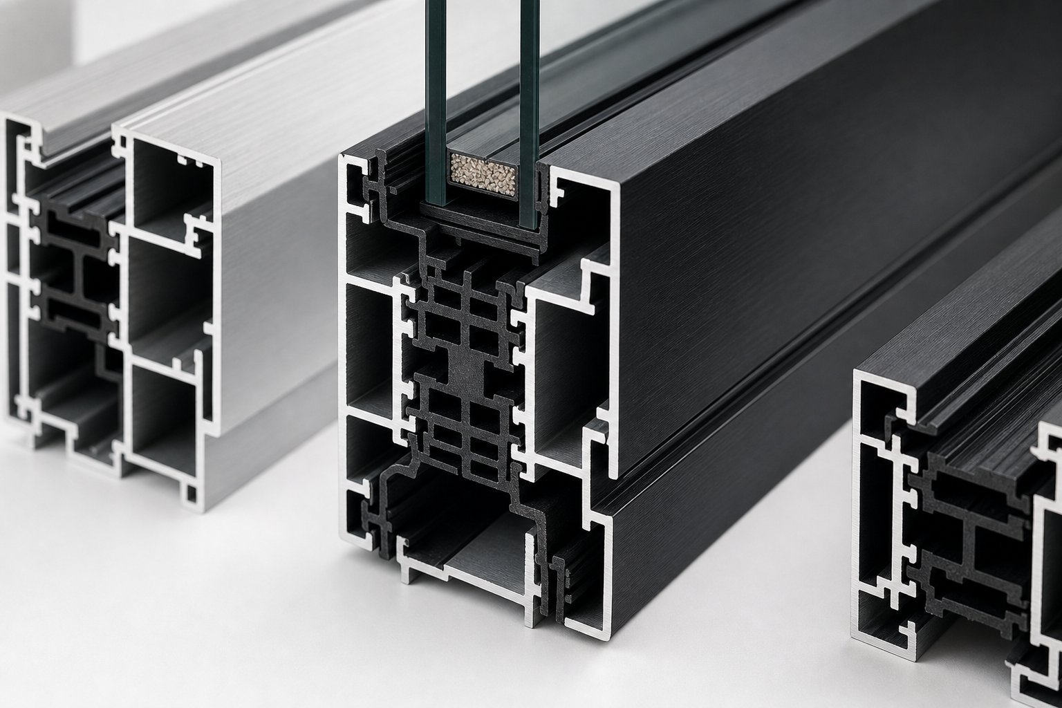 thermal break aluminium window profiles showing the insulation strip that separates interior and exterior frame sections