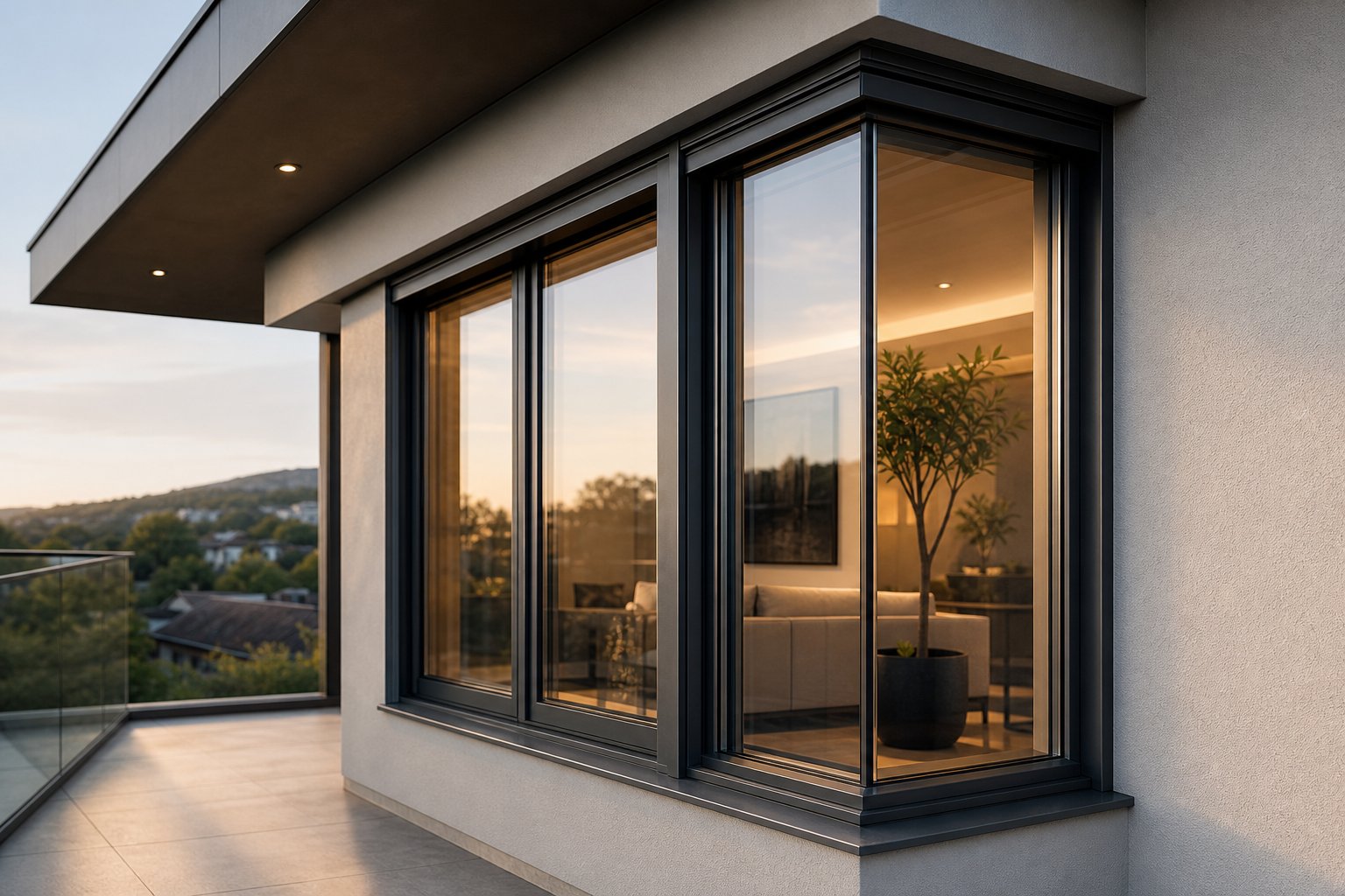 thermally broken aluminium frames with double glazed units delivering energy efficiency on a balcony
