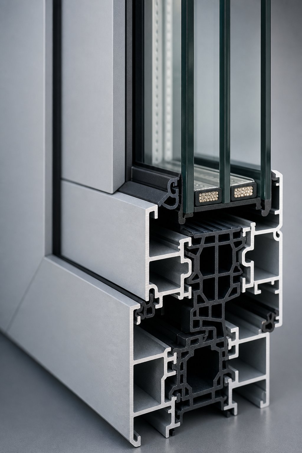 thermally broken aluminium profile cross section showing the engineered frame and sealed glazing assembly