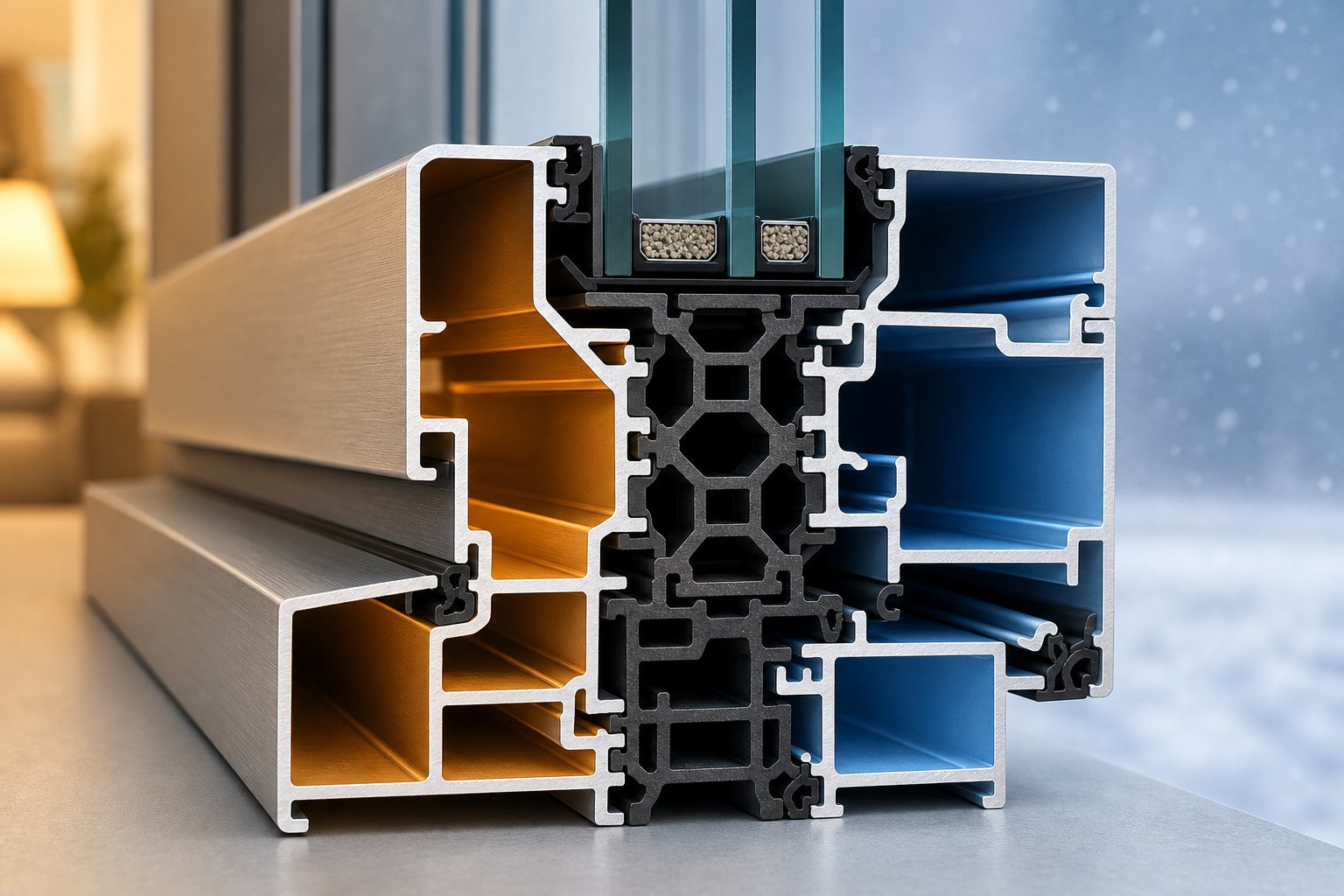 thermally broken aluminium profile with polyamide insulating strip separating interior and exterior sections