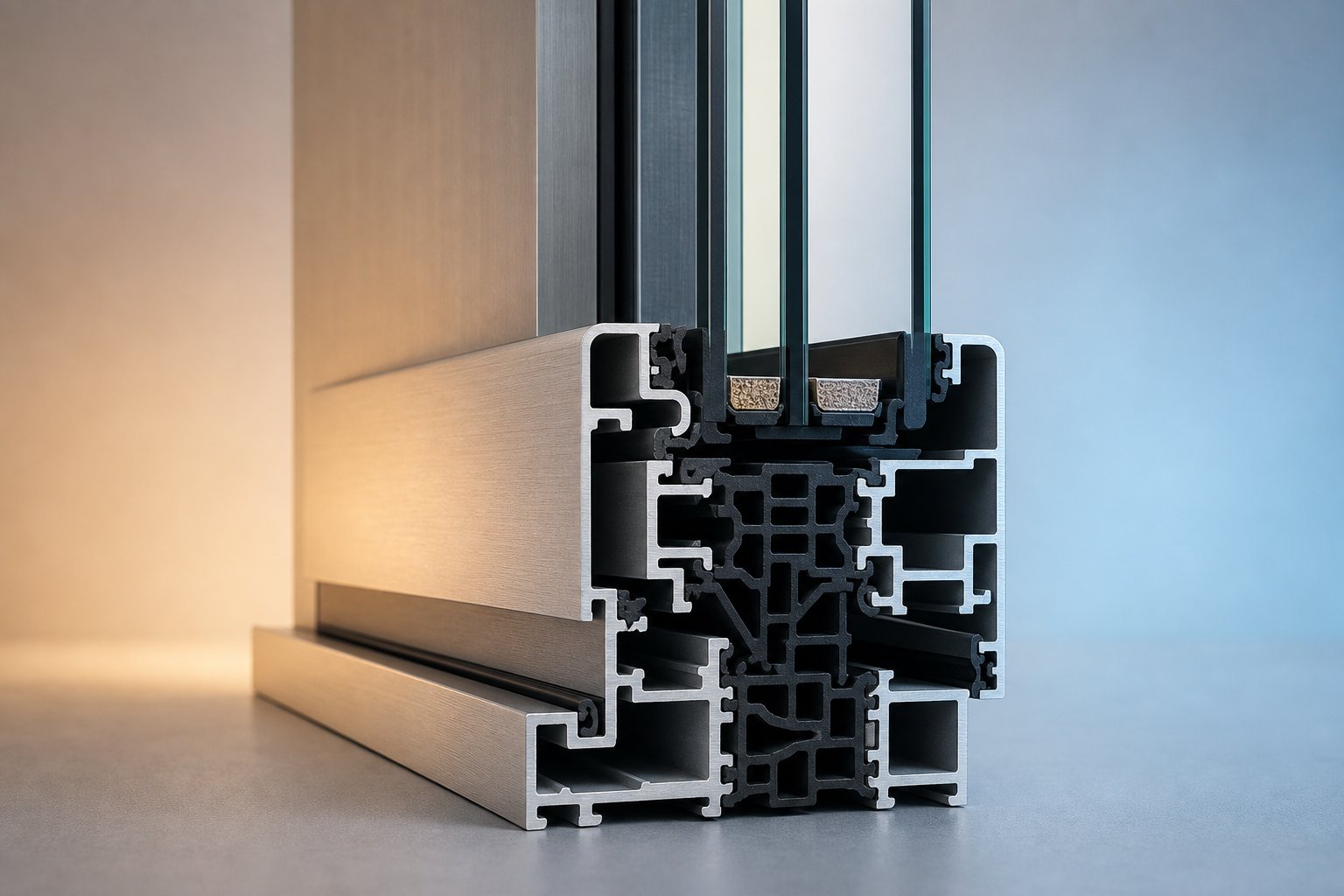 thermally broken aluminium window frame showing the insulating barrier that separates interior and exterior sections to reduce heat transfer